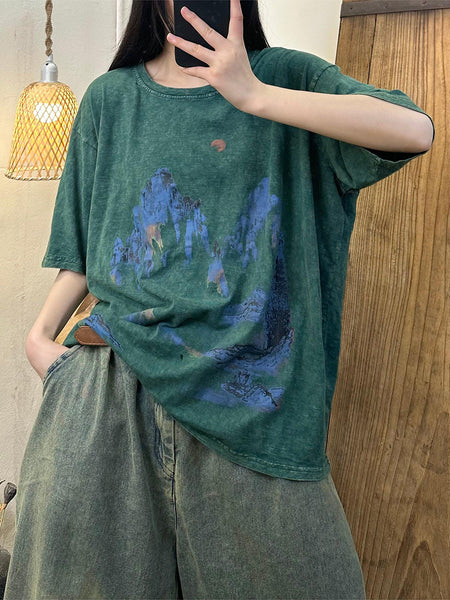 Women Summer Casual Mountains Print Cotton Shirt TY1019 Ada Fashion