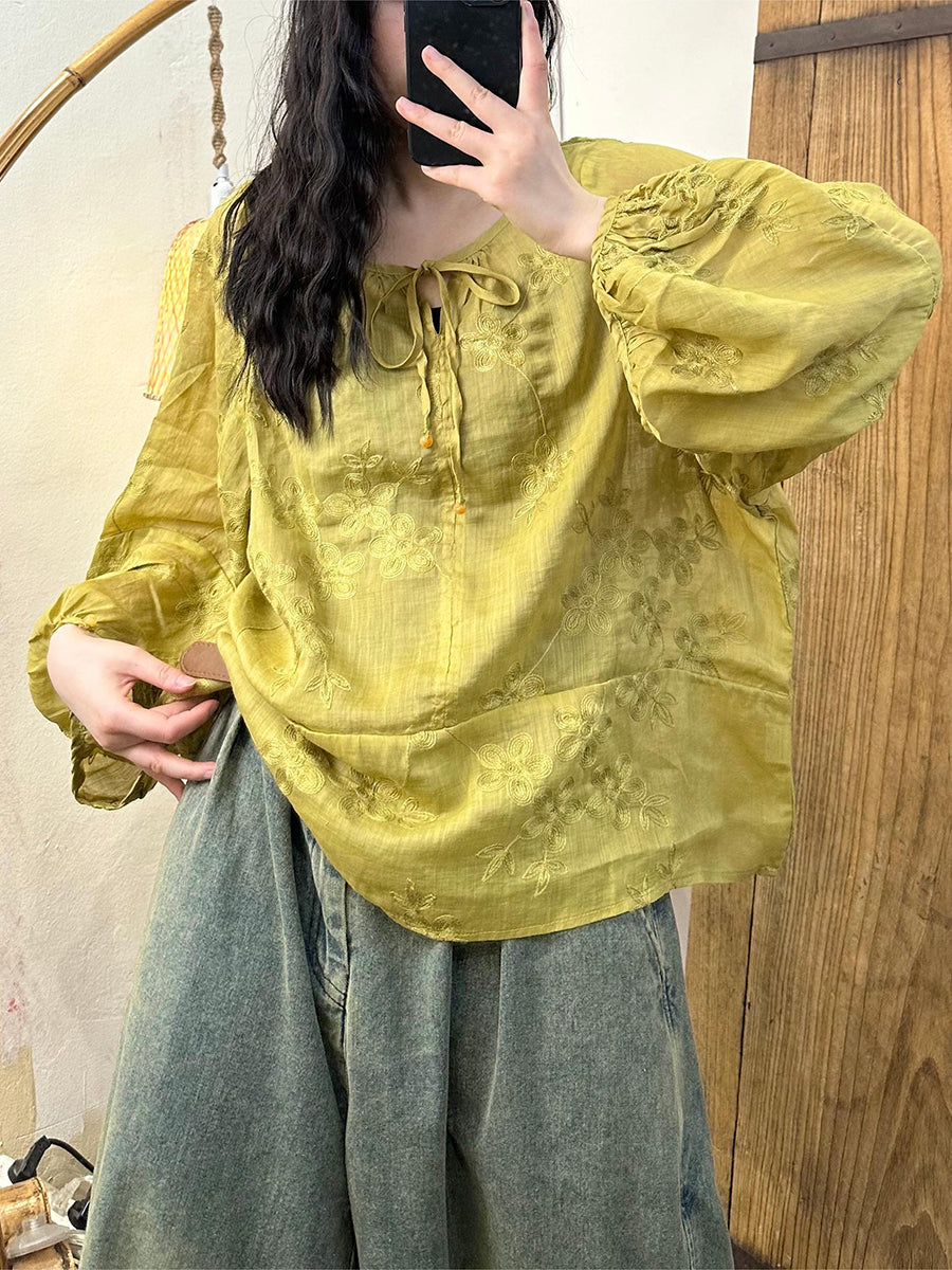 Women Summer Artsy Embroidery Solid Strap Ramie Shirt TY1023 Ada Fashion