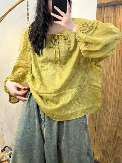 Women Summer Artsy Embroidery Solid Strap Ramie Shirt TY1023 Ada Fashion