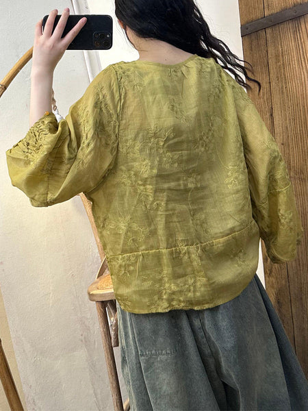 Women Summer Artsy Embroidery Solid Strap Ramie Shirt TY1023 Ada Fashion