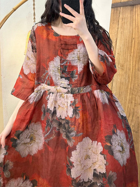 Women Summer Artsy Floral Strap Linen Dress TY1021 Ada Fashion