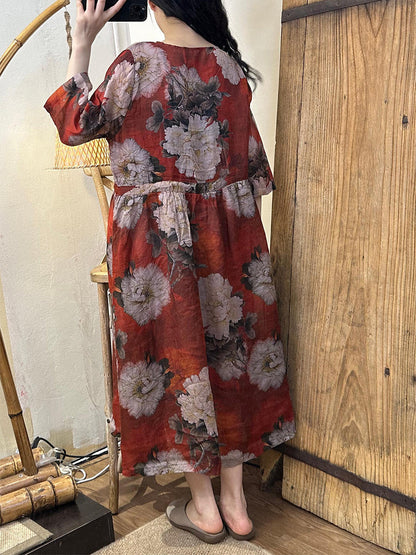 Women Summer Artsy Floral Strap Linen Dress TY1021 Ada Fashion