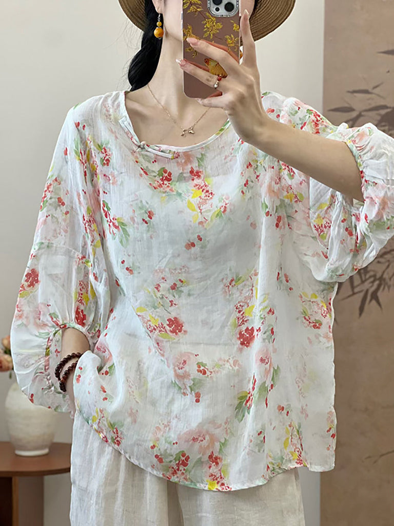 Women Summer Artsy Floral Loose Ramie Shirt UI1007 Ada Fashion