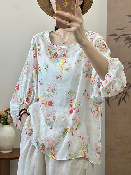 Women Summer Artsy Floral Loose Ramie Shirt UI1007 Ada Fashion