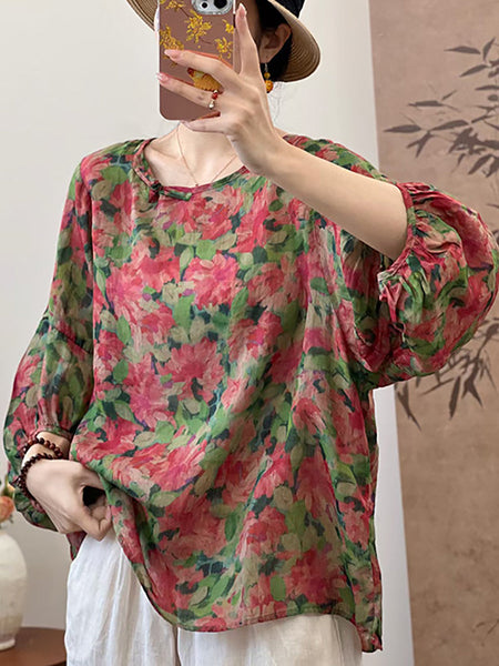 Women Summer Artsy Floral Loose Ramie Shirt UI1007 Ada Fashion