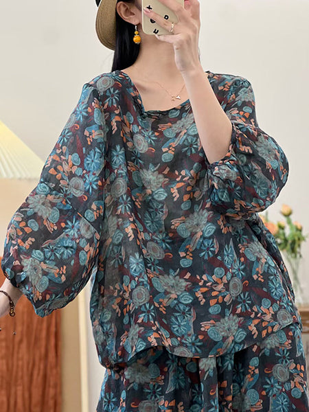 Women Summer Artsy Floral Loose Ramie Shirt UI1007 Ada Fashion
