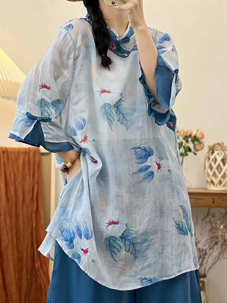 Women Summer Ethnic Flower Embroidery Ramie Shirt UI1006 Ada Fashion