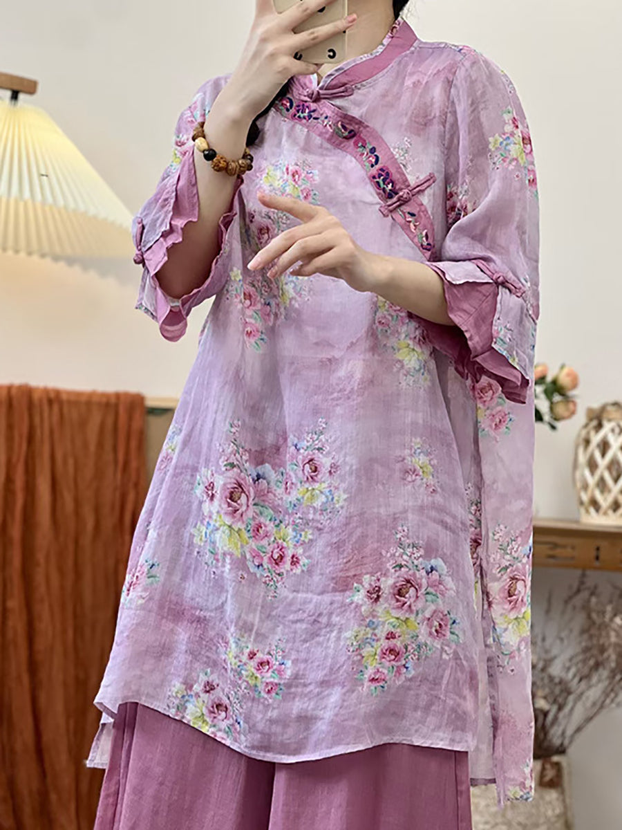 Women Summer Ethnic Flower Embroidery Ramie Shirt UI1006 Ada Fashion