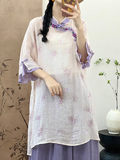 Women Summer Ethnic Flower Embroidery Ramie Shirt UI1006 Ada Fashion