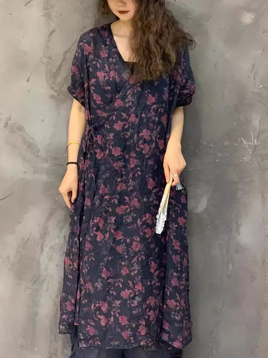 Women Summer Casual Print Ramie Strap Dress UI1004 Ada Fashion