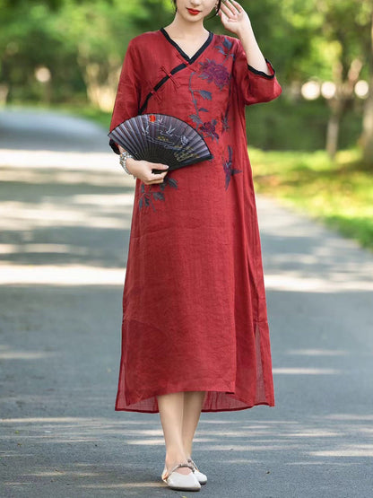 Women Summer Ethnic Flower Linen V-Neck Dress UI1005 Ada Fashion