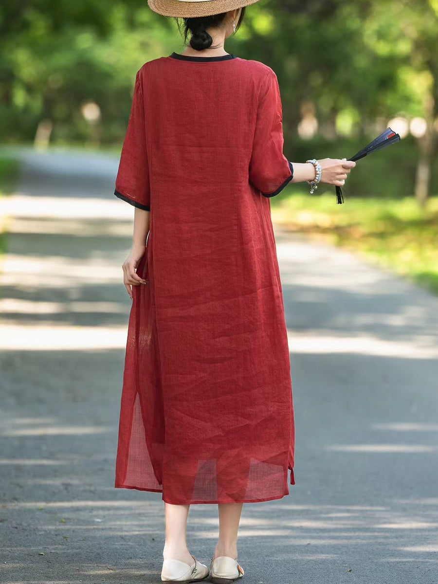 Women Summer Ethnic Flower Linen V-Neck Dress UI1005 Ada Fashion