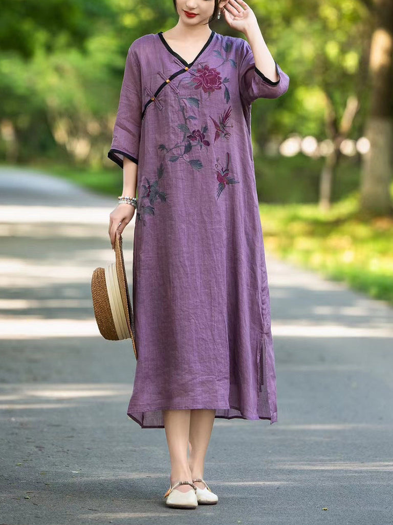 Women Summer Ethnic Flower Linen V-Neck Dress UI1005 Ada Fashion