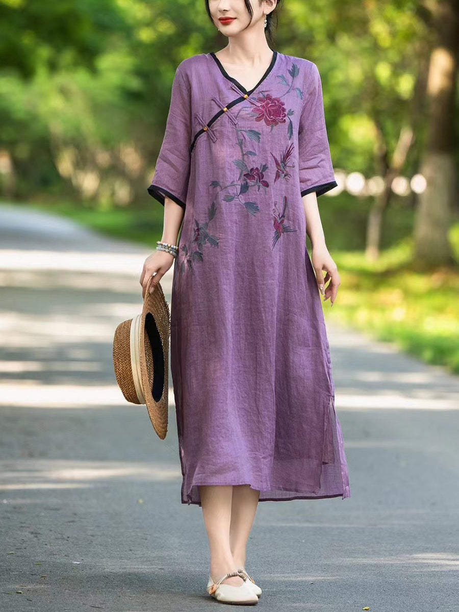 Women Summer Ethnic Flower Linen V-Neck Dress UI1005 Ada Fashion