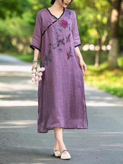 Women Summer Ethnic Flower Linen V-Neck Dress UI1005 Ada Fashion