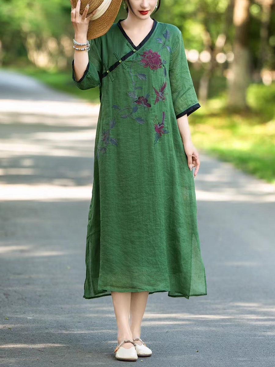 Women Summer Ethnic Flower Linen V-Neck Dress UI1005 Ada Fashion