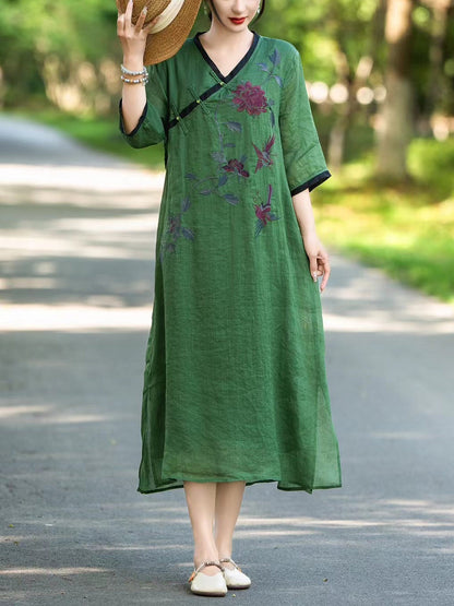 Women Summer Ethnic Flower Linen V-Neck Dress UI1005 Ada Fashion