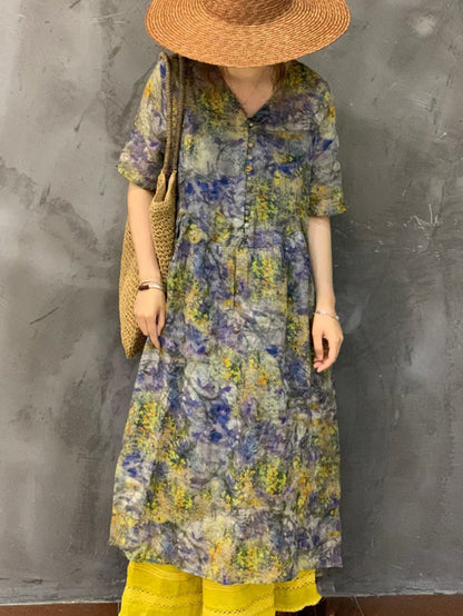 Women Summer Vintage Flower Ramie Button Dress UI1002 Ada Fashion