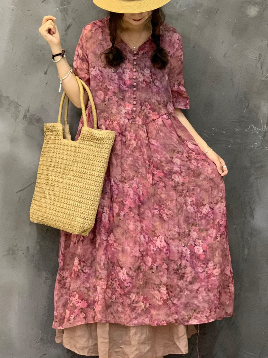 Women Summer Vintage Flower Ramie Button Dress UI1002 Ada Fashion