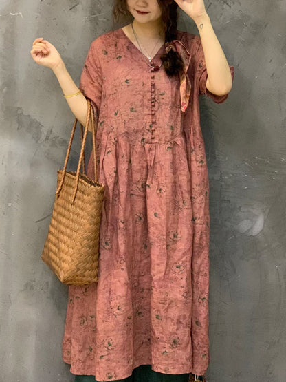 Women Summer Vintage Flower Ramie Button Dress UI1002 Ada Fashion