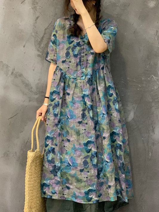 Women Summer Vintage Flower Ramie Button Dress UI1002 Ada Fashion