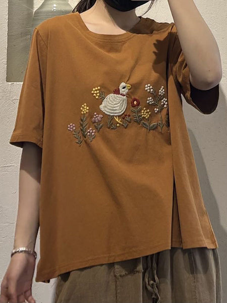 Women Casual Cute Embroidery O-Neck Cotton Shirt UI1008 Ada Fashion