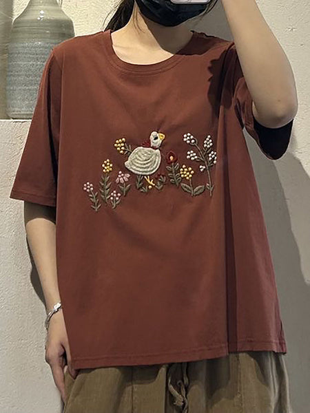 Women Casual Cute Embroidery O-Neck Cotton Shirt UI1008 Ada Fashion