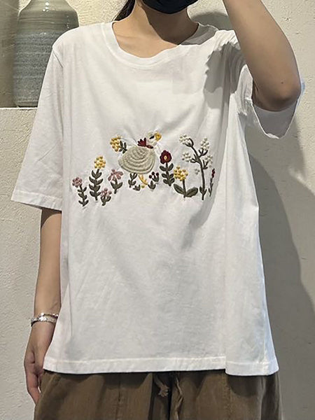 Women Casual Cute Embroidery O-Neck Cotton Shirt UI1008 Ada Fashion