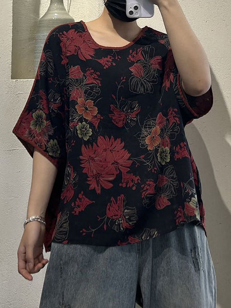 Women Summer Casual Flower Print O-Neck Cotton Shirt UI1009 Ada Fashion