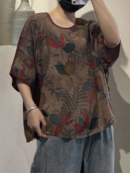 Women Summer Casual Flower Print O-Neck Cotton Shirt UI1009 Ada Fashion