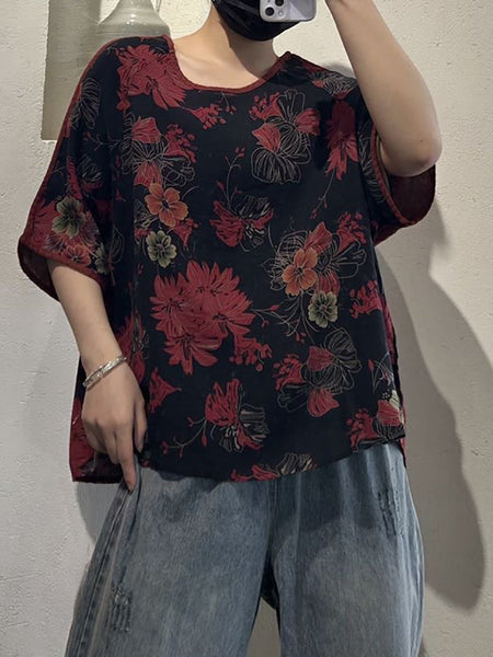 Women Summer Casual Flower Print O-Neck Cotton Shirt UI1009 Ada Fashion