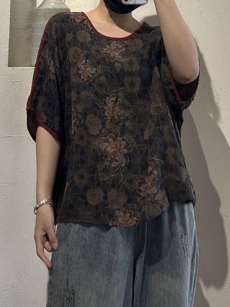 Women Summer Casual Flower Print O-Neck Cotton Shirt UI1009 Ada Fashion