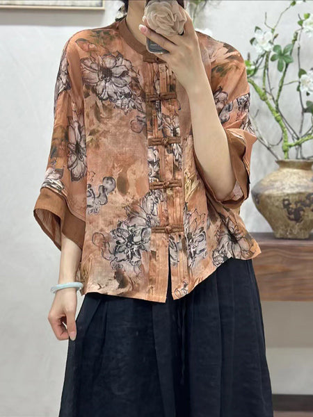 Women Summer Vintage Flower Spliced Button-Up Ramie Shirt IO1008 Ada Fashion