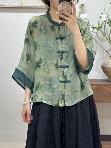 Women Summer Vintage Flower Spliced Button-Up Ramie Shirt IO1008 Ada Fashion