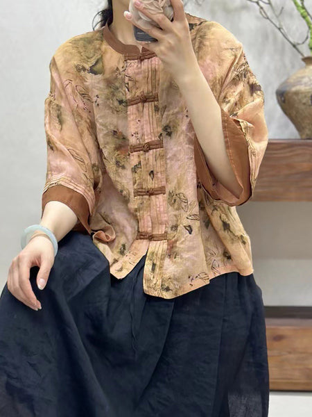 Women Summer Vintage Flower Spliced Button-Up Ramie Shirt IO1008 Ada Fashion