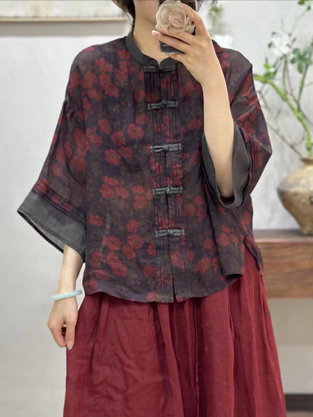 Women Summer Vintage Flower Spliced Button-Up Ramie Shirt IO1008 Ada Fashion