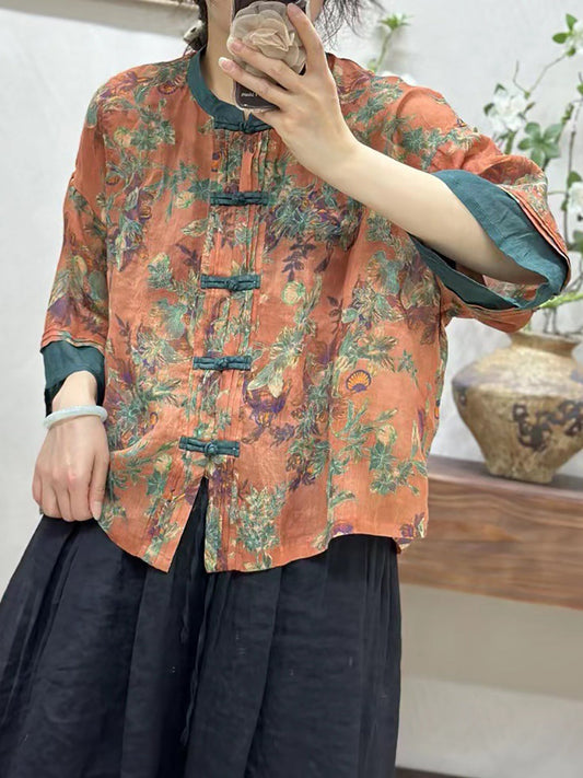 Women Summer Vintage Flower Spliced Button-Up Ramie Shirt IO1008 Ada Fashion