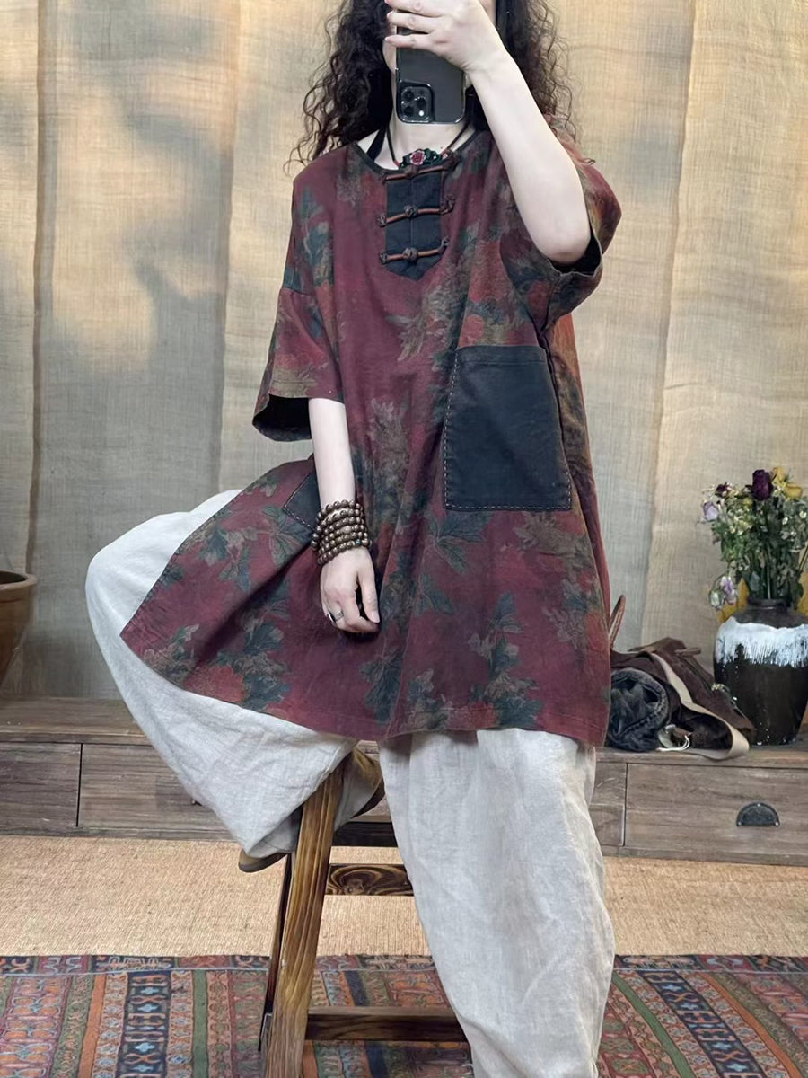 Women Summer Vintage Flower Spliced Buckle Linen Shirt IO1013 Ada Fashion