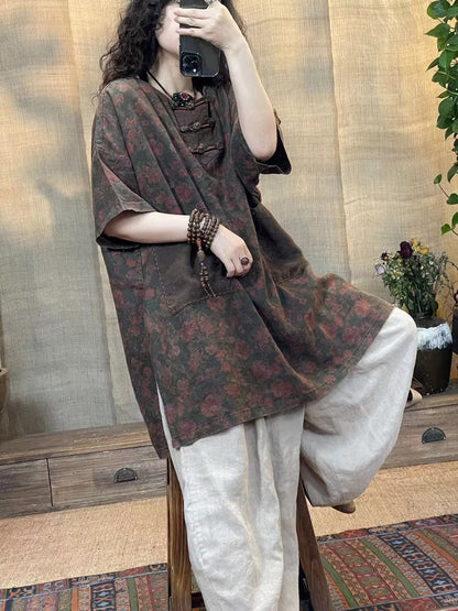 Women Summer Vintage Flower Spliced Buckle Linen Shirt IO1013 Ada Fashion