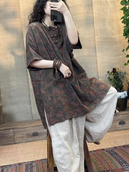 Women Summer Vintage Flower Spliced Buckle Linen Shirt IO1013 Ada Fashion