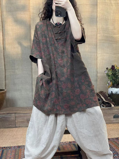 Women Summer Vintage Flower Spliced Buckle Linen Shirt IO1013 Ada Fashion