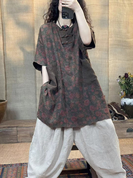 Women Summer Vintage Flower Spliced Buckle Linen Shirt IO1013 Ada Fashion