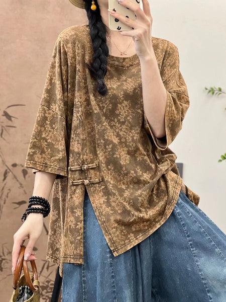 Women Summer Artsy Floral Split Hem Buckle Cotton Shirt IO1007 Ada Fashion