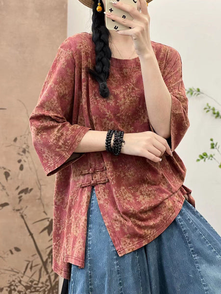 Women Summer Artsy Floral Split Hem Buckle Cotton Shirt IO1007 Ada Fashion