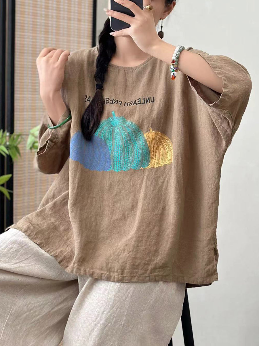 Women Summer Casual Pumpkin Print O-Neck Cotton Shirt IO1006 Ada Fashion