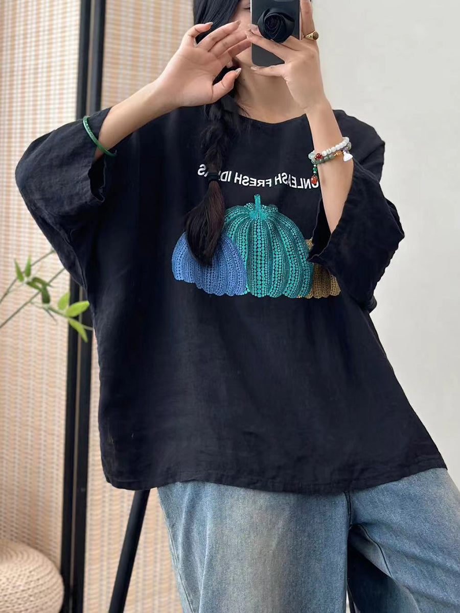 Women Summer Casual Pumpkin Print O-Neck Cotton Shirt IO1006 Ada Fashion