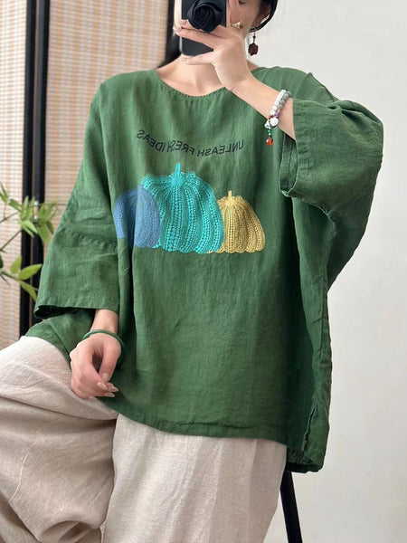 Women Summer Casual Pumpkin Print O-Neck Cotton Shirt IO1006 Ada Fashion