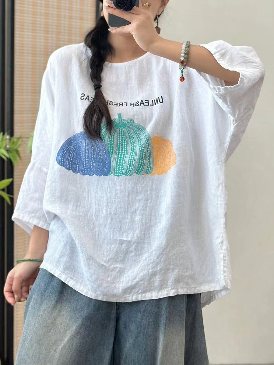 Women Summer Casual Pumpkin Print O-Neck Cotton Shirt IO1006 Ada Fashion