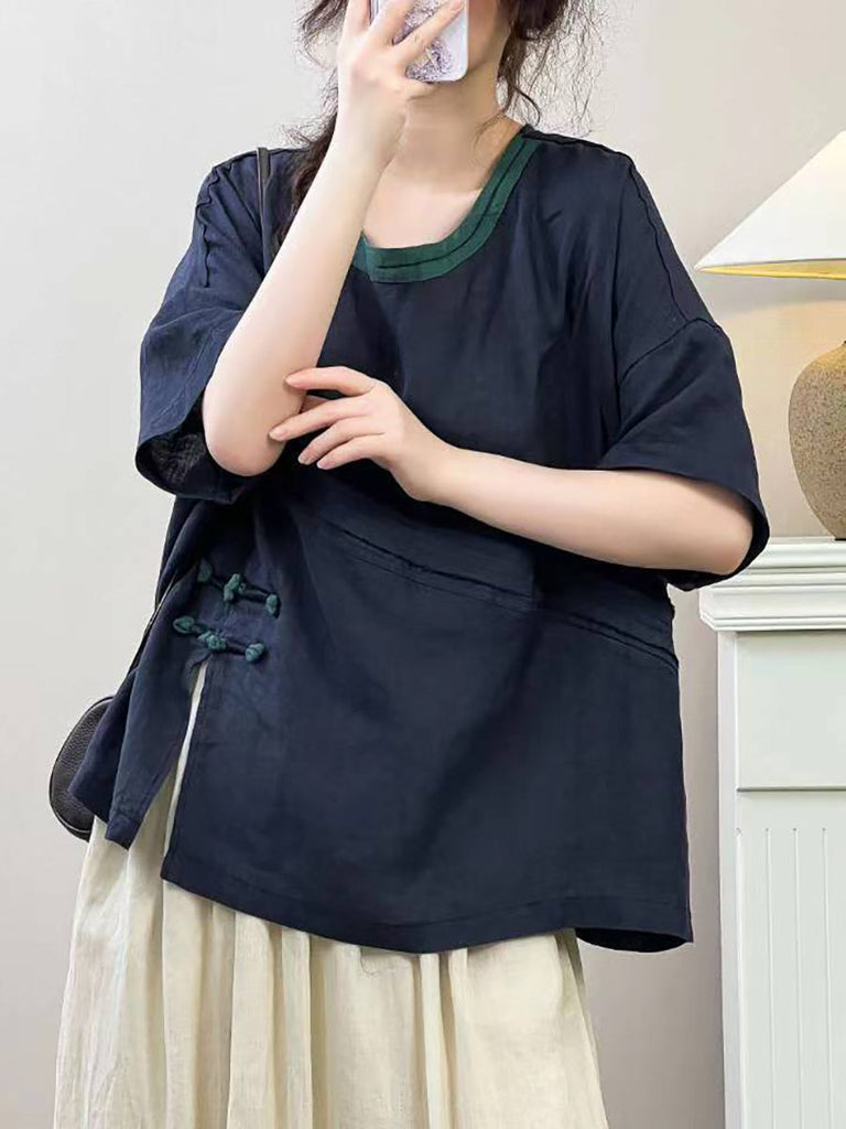 Women Summer Vintage Solid Spliced Ramie Shirt IO1005 Ada Fashion