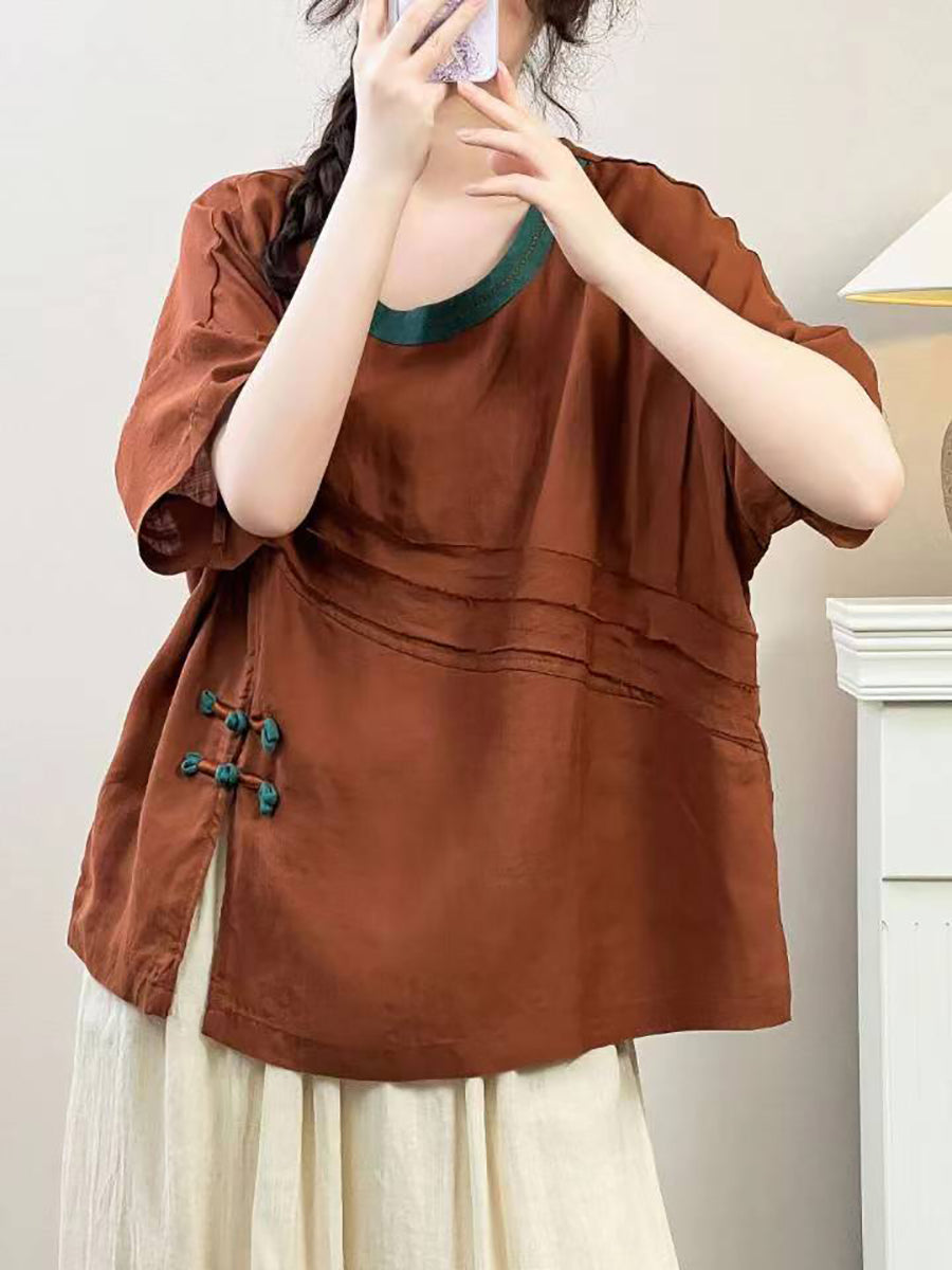 Women Summer Vintage Solid Spliced Ramie Shirt IO1005 Ada Fashion